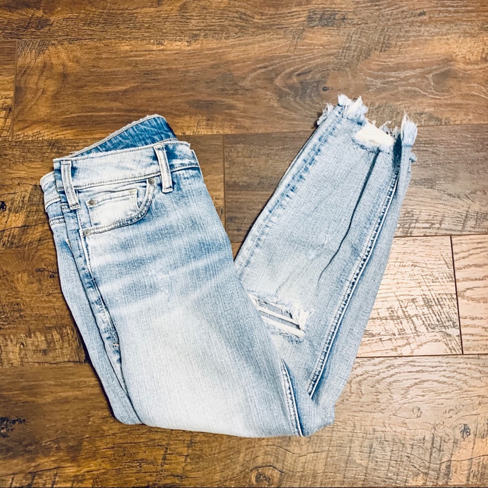 Silver distressed mom jeans